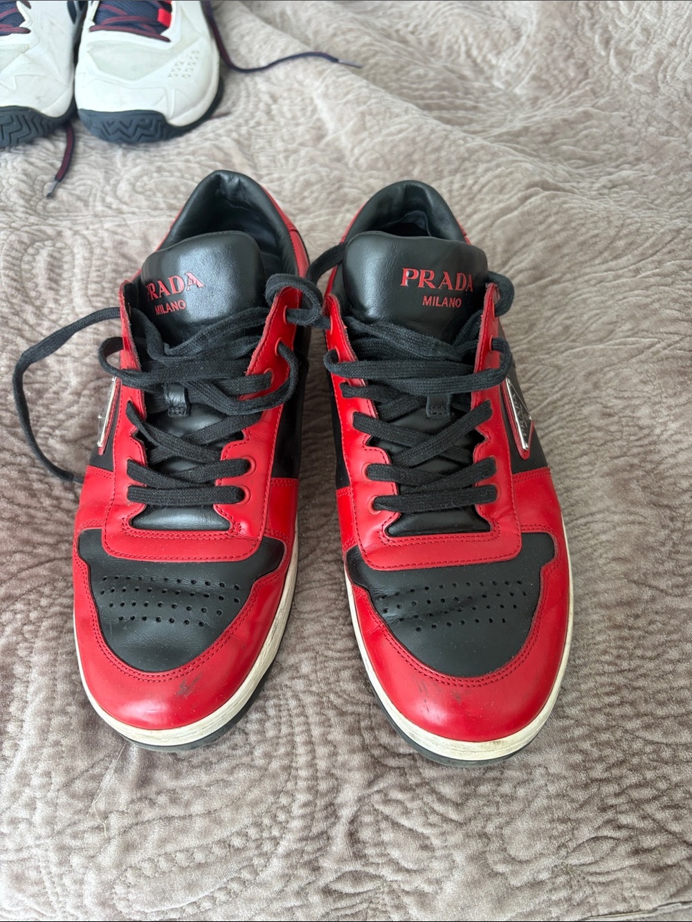 Prada Red and Black Leather Low-Top Sneakers